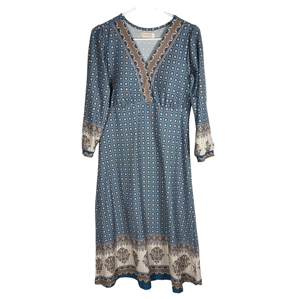 Venus Blue Geometric Medallion Print Faux Wrap V-Neck Midi Dress Womens Size‎ S